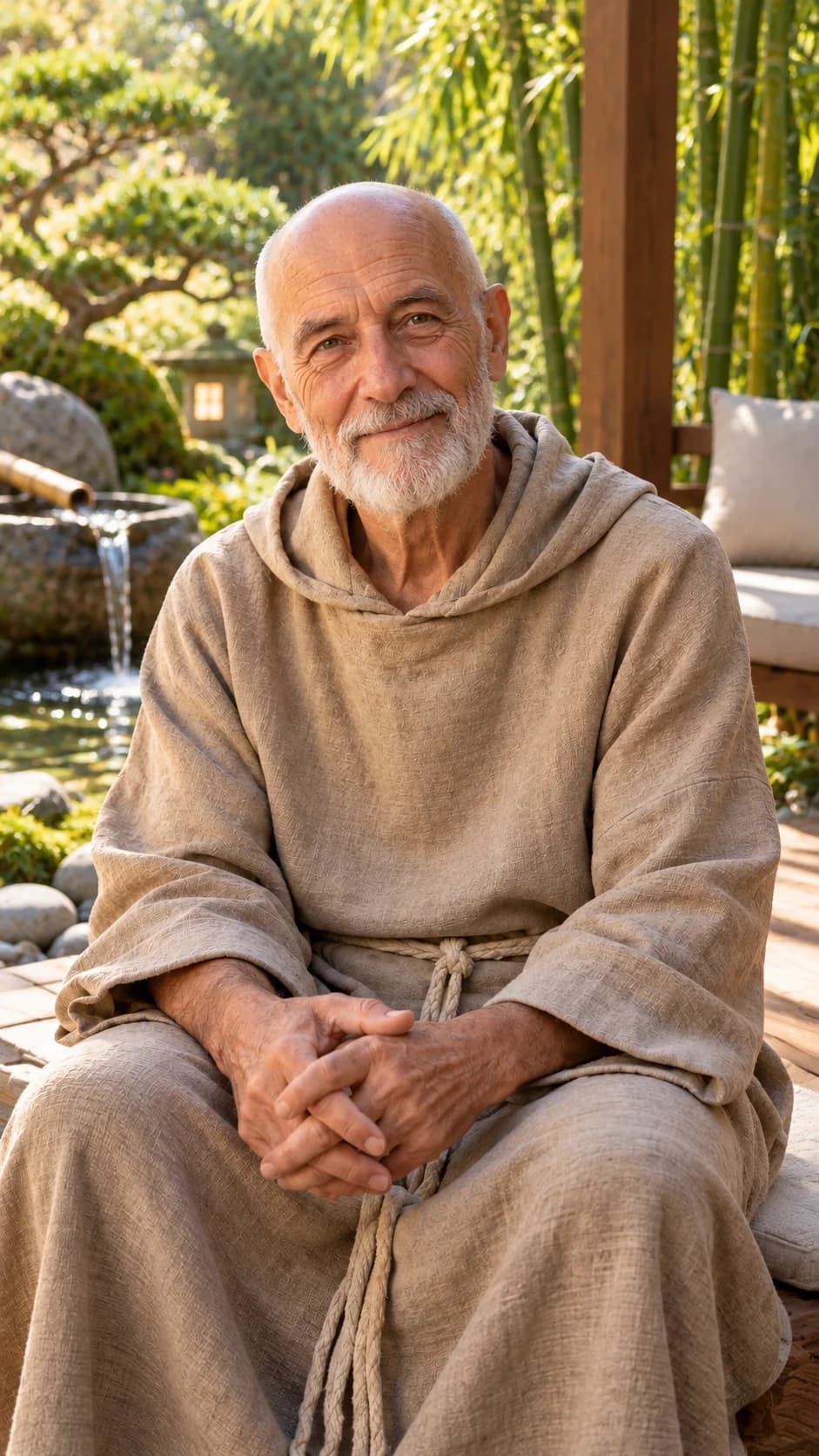 Brother Tomas, a smiling older man with a short white beard in a beige hooded robe, seated in a sunny garden.